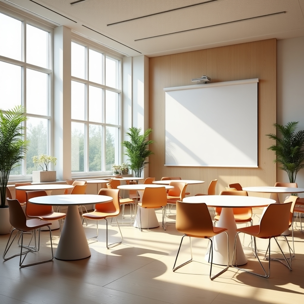 Bright and modern workshop space in Cluj-Napoca with participants seated at round tables