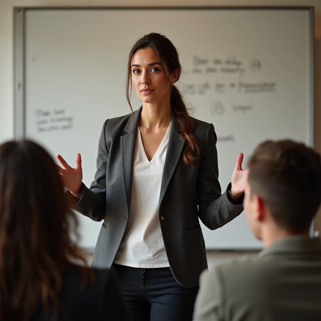 Workshop facilitator leading a focused discussion with a small group of professionals around a conference table