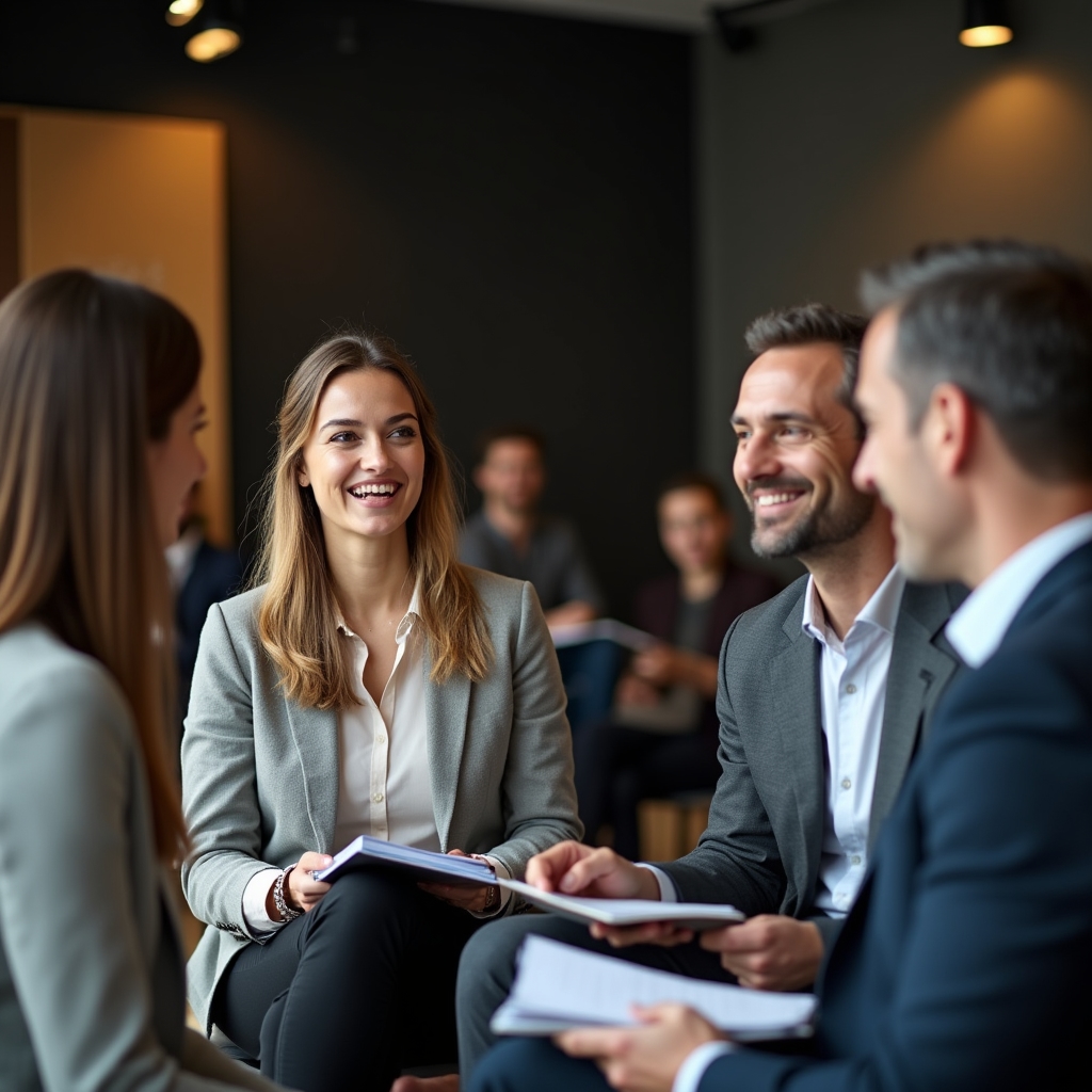 Small group of professionals engaged in salary negotiation role-play exercise at a workshop